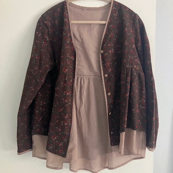 Brown & Rose Floral Button Up Layered Shirt Blouse Top lace BOHO cotton size L - Picture 6 of 6